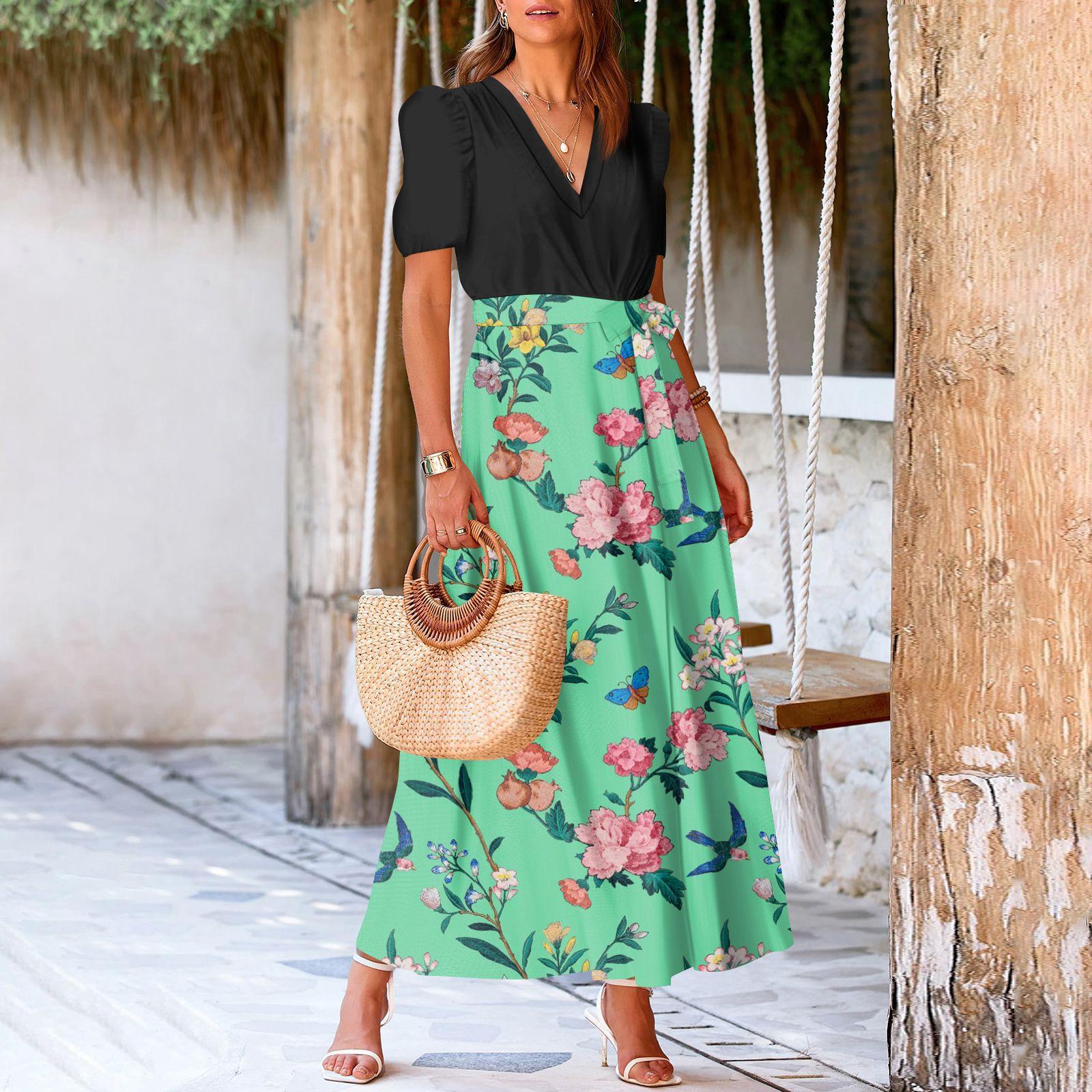 

Жіноча літня сукня вільна пляжна відпустка повсякденна глибокий V-подібний виріз жилет елегантна сукня-сорочка L зелений