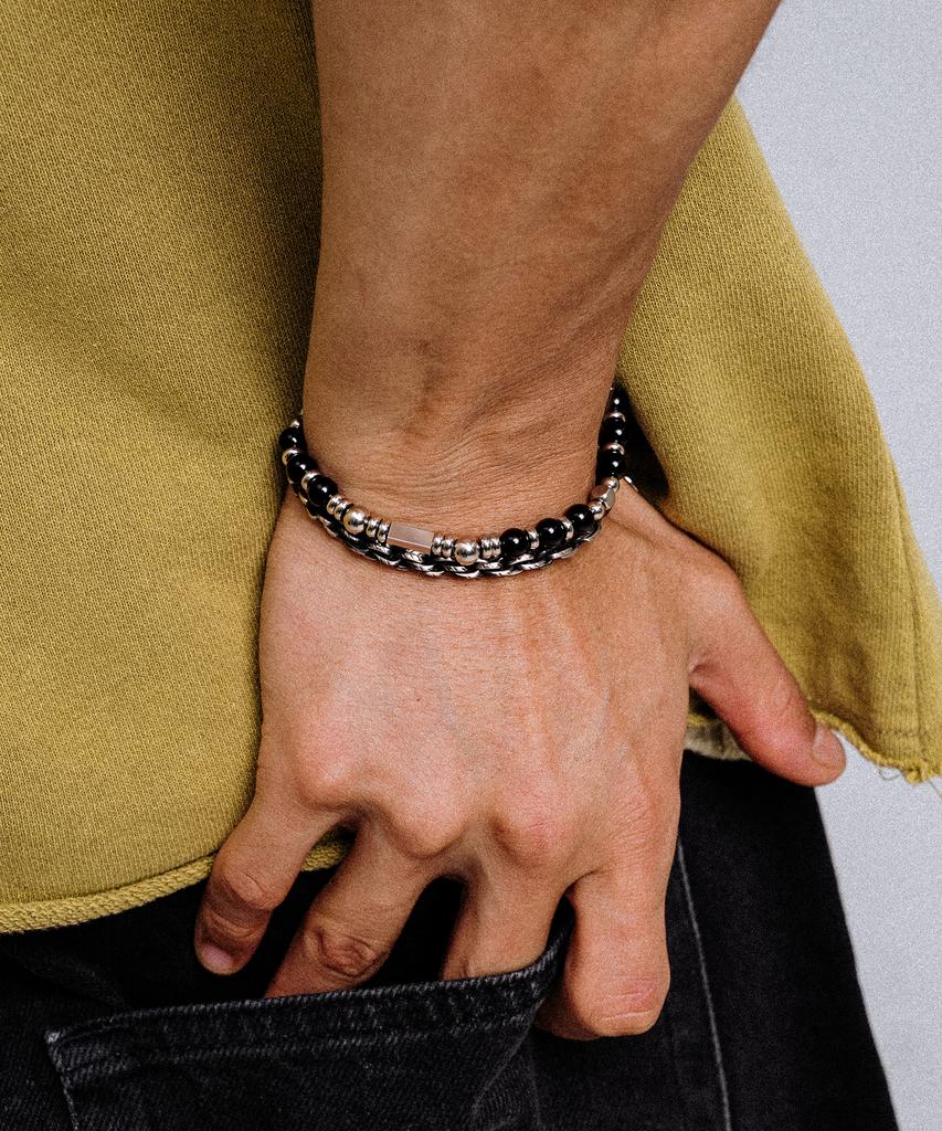 Scalettoblack Urm014 Layered Chain & Stone Bracelet