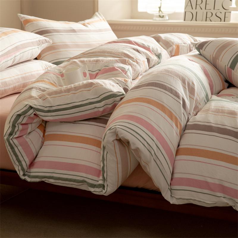 Striped Duvet Cover Set Queen 100% Washed Cotton Bedding Set, Luxury Soft Pink Vertical Ticking Stripes Comforter Cover, (3pcs)