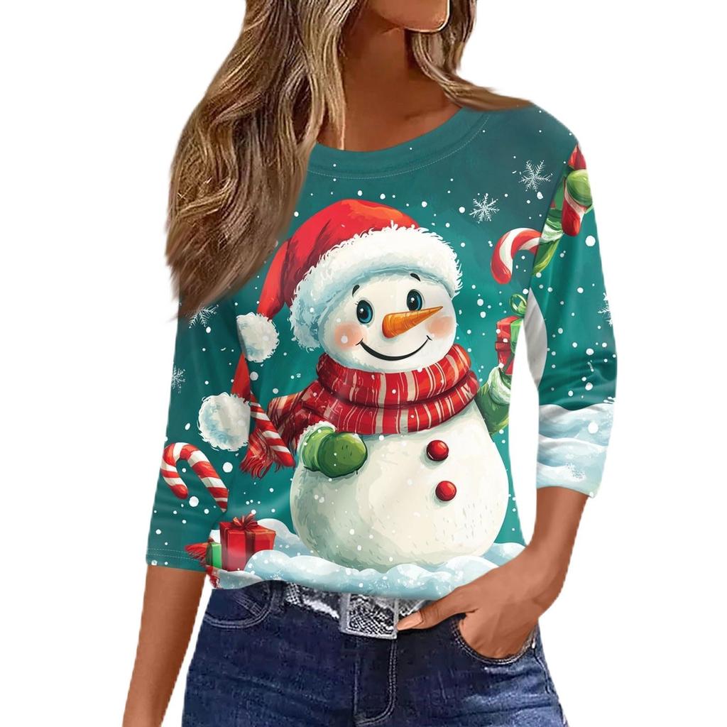 Women's Snowman Printed Christmas Theme Round Neck Long Sleeve T-shirt Casual Polyester Christmas Party Pullover