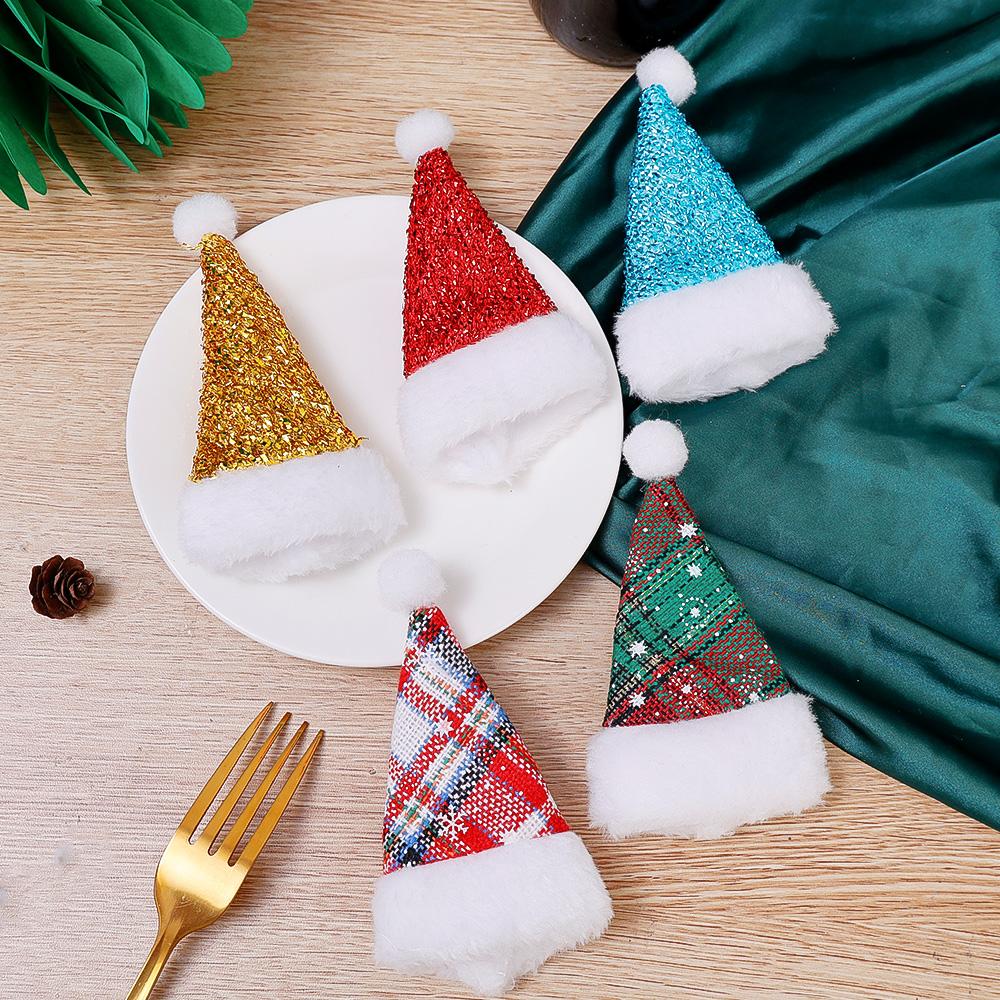 20/1Pcs Mini Santa Hats Fork Knife Cutlery Holders Bag Wine Bottle Cover For Home Xmas Party Table Decoration New Year Kids Gift