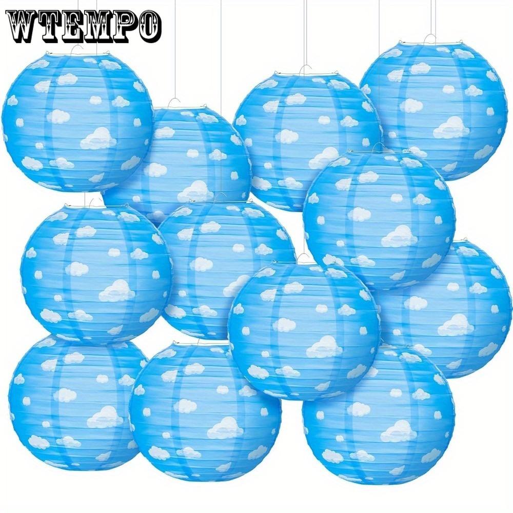 10pcs Blue Sky White Clouds Paper Lanterns Blue Party Decorations Hanging Round Paper Lanterns Clouds Theme Party Decorations Party Paper Lanterns