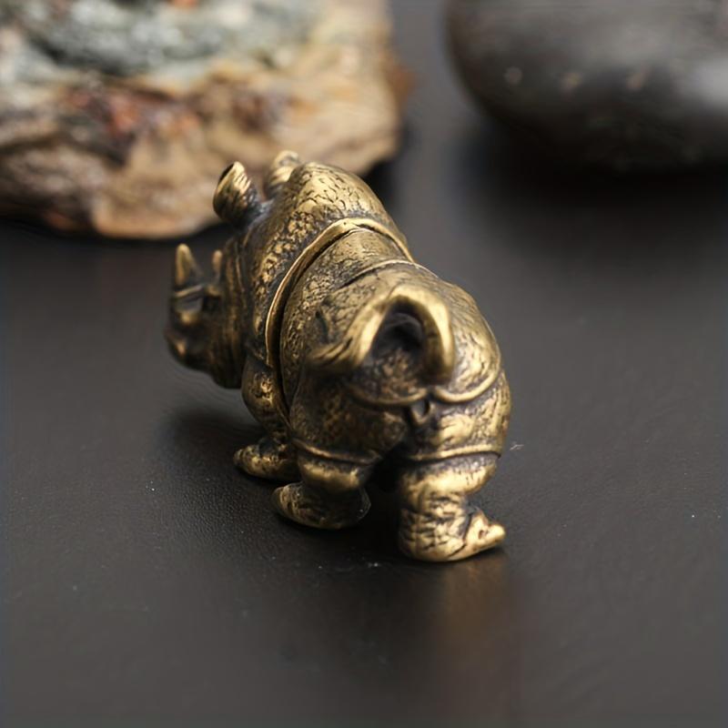1Pc Exquisite Vintage Brass Rhino Figurine - Handcrafted Miniature Sculpture Ornament for Interior Home Decor with Copper Accents and Unique Carving