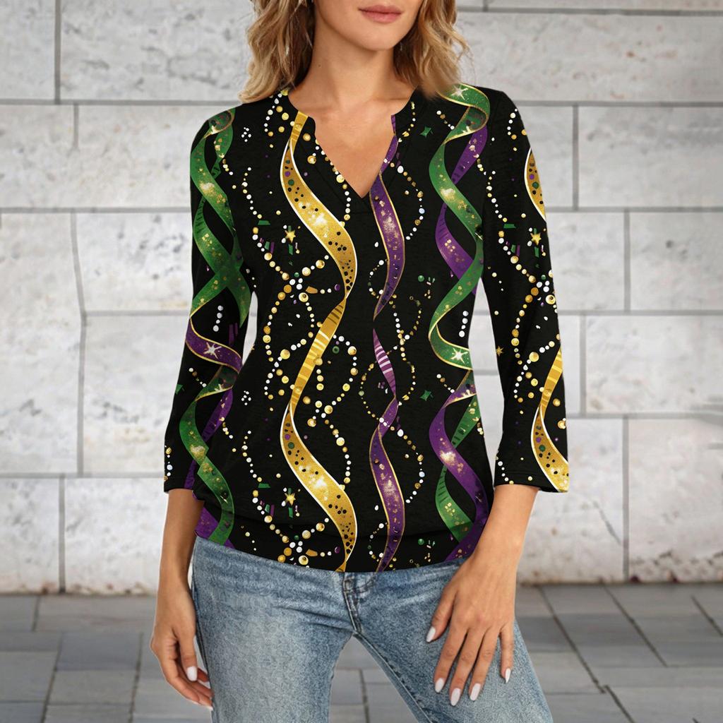 Women's 3/4 Sleeve Top With Cuffed Hem, V-Neck, Summer Casual -Shirt, Carnival Printed Top