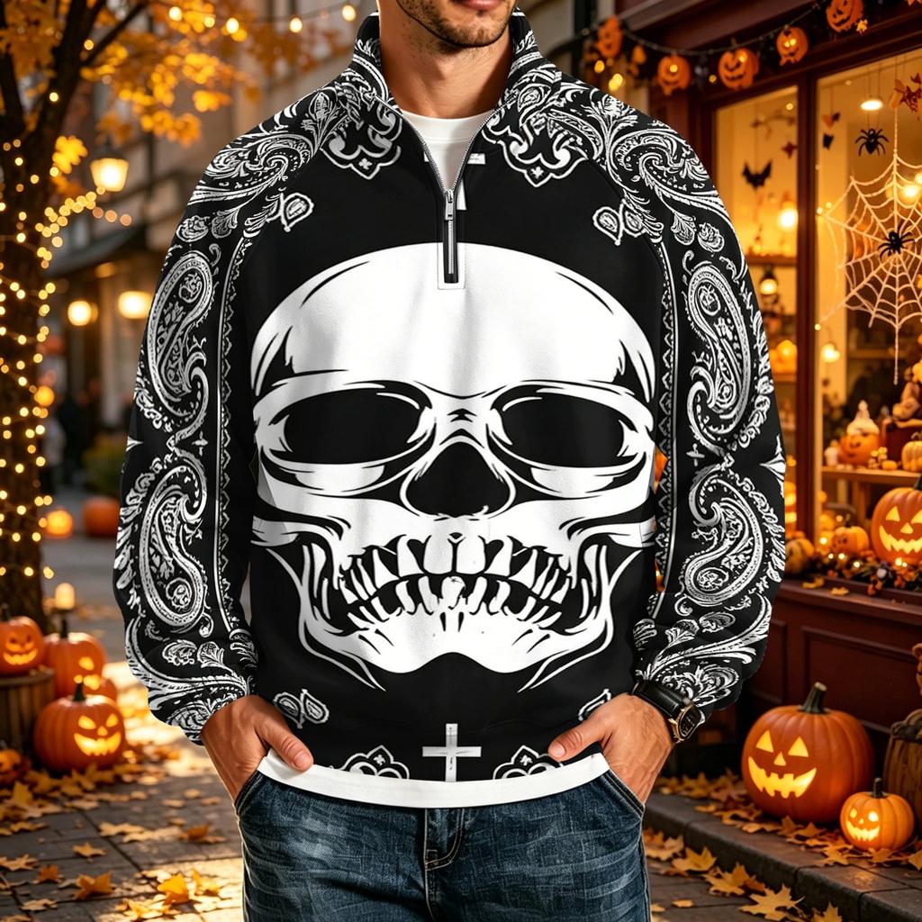 Men's Halloween Print Raglan Sweatshirt Loose Fit Stand Collar Casual Top