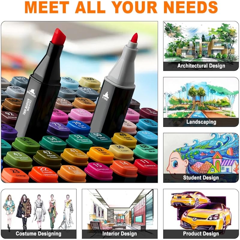 UCRAVO 48 Kleuren Markers, Dubbele Tip Blender Kunst Teken Markers Set, Professionele Permanente Schets Markers, Schetsen D