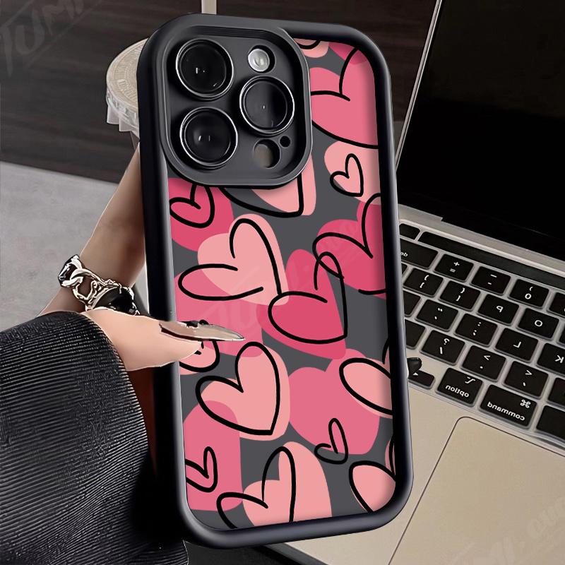 Pink heart pattern design Phone case iPhone 15 Pro Max 11 12 13 16 14 Plus Silicone Shockproof Case Lens protector shell