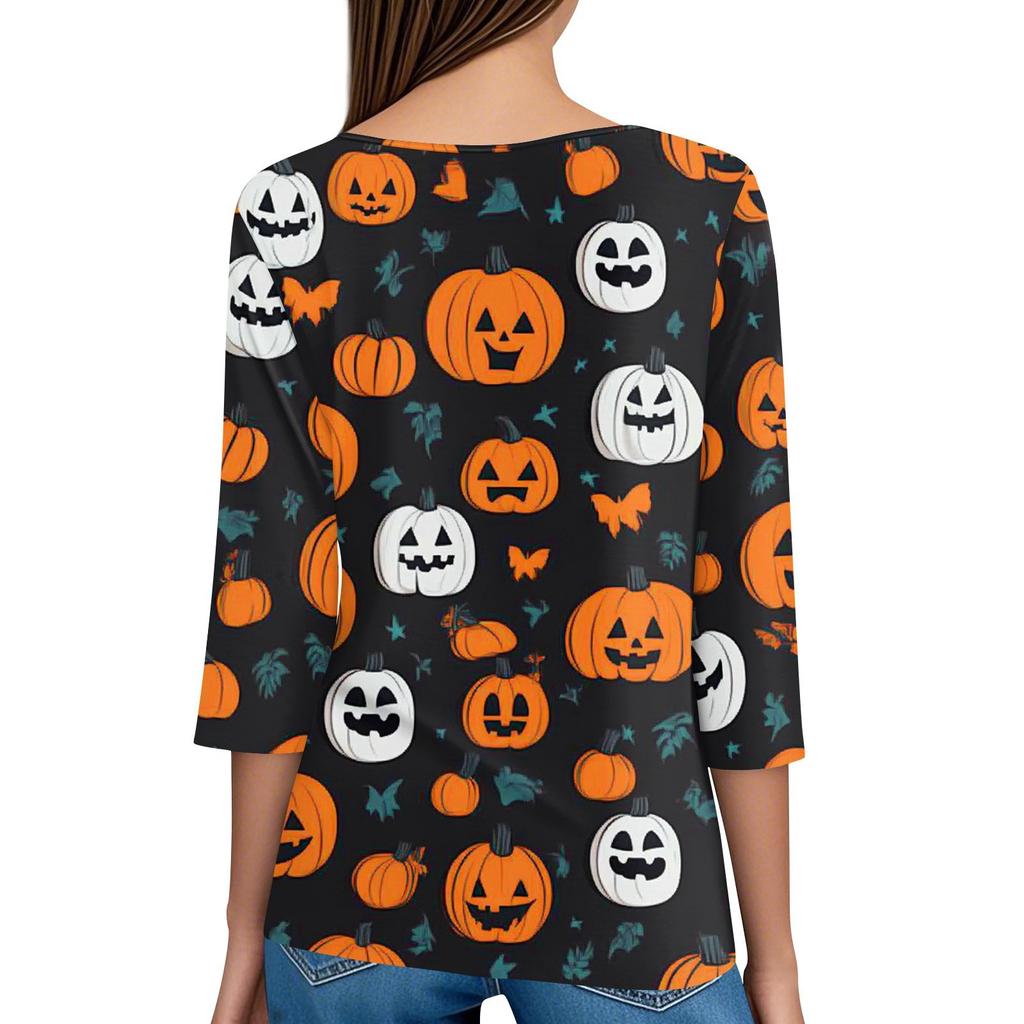 Dámské tričko Halloween potisk knoflík 3/4 rukáv tunika denní víkendová móda základní V-výstřih běžný top