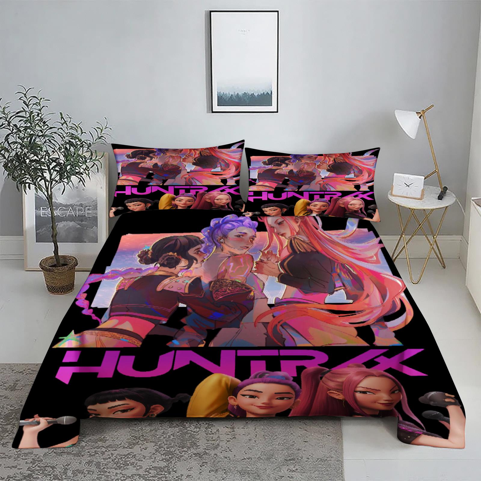 

Huntrix, Руми, Мира D-Охотники на демонов K-pop Комплект простыней 3D печатная плоская простыня с наволочкой Постельное белье Кинг Квин Сайз 110X230cm(2Pcs)