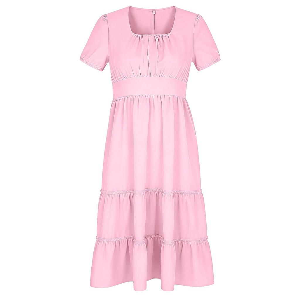 Women Summer Fashion Solid Color Square Neck Short Sleeve Bohemian Vacation Beach Dress Midi Length Casual Loose Fit