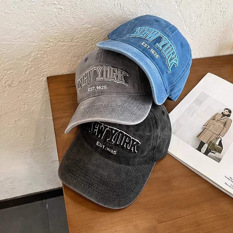 Retro English Letter Embroidered Baseball Cap New Style Wash Cotton Denim Baseball Cap Men and Women Sun Protection Sun Hat