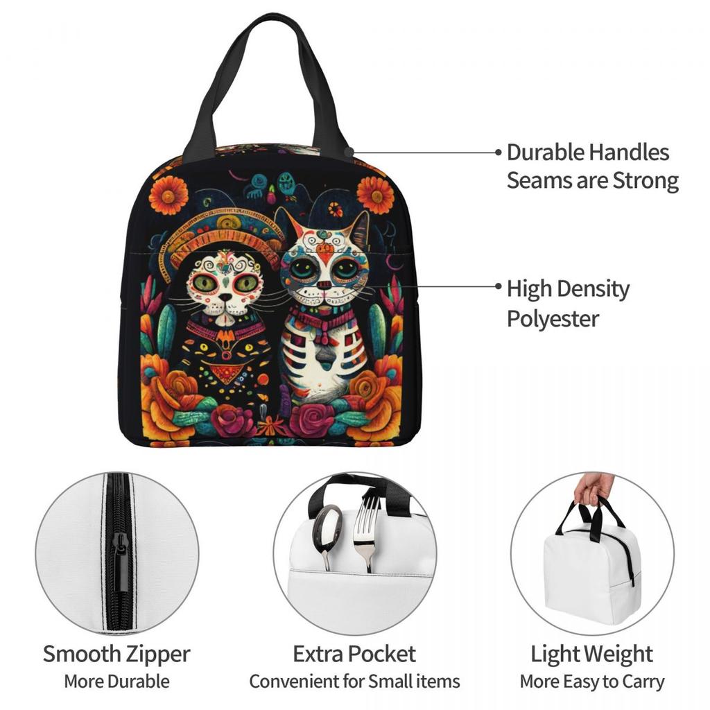 Day Of The Dead Kitten Cat Sugar Skull Dia De Los Muertos Insulated Lunch Bag Women Children Food Boxes Thermal Lunch Box Tote