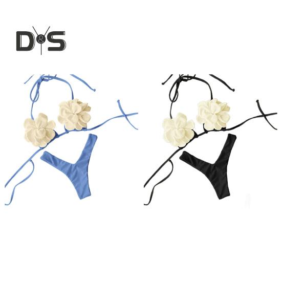 2Pcs/Set Summer Bikini Set Adjustable Drawstring Lace-Up Halter Neck 3D Flower Bra Low-rise Swimming Briefs Set Swimwear