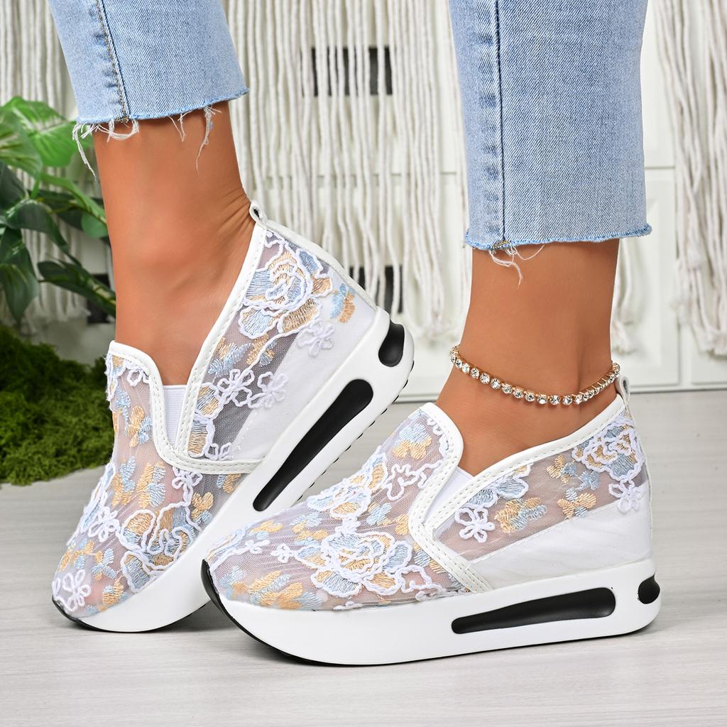 Fashion Women's Low-cut Shoes 2025 Spring and Summer Fashion Floral Pattern Mesh Breathable Comfortable Platform Sneakers Tenis De Mujer