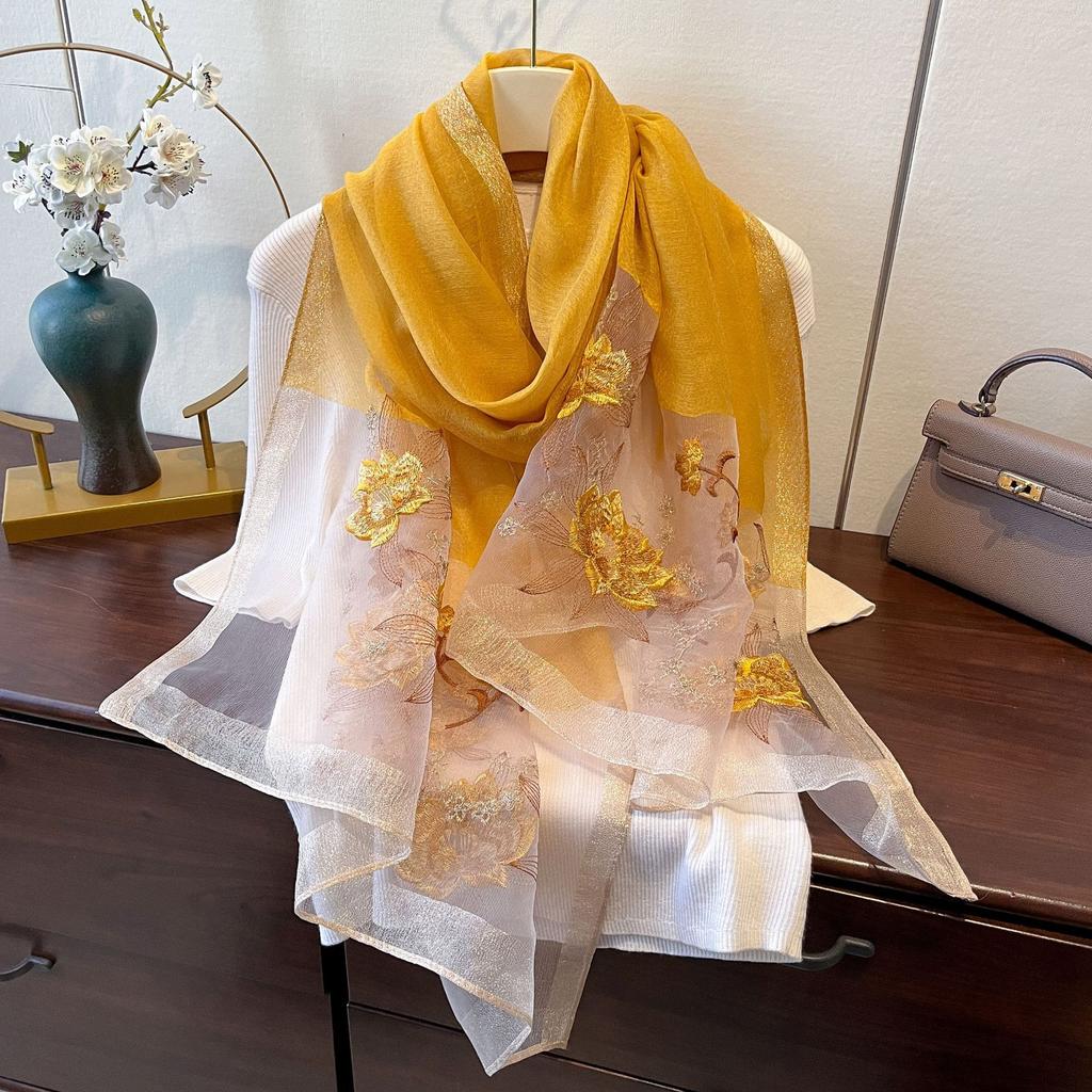 Elegant Long Embroidered Silk Feeling Scarf Women'S Fashion Spring New Style Shawl Wrap Outerwear Trendy Floral Pattern Stylish