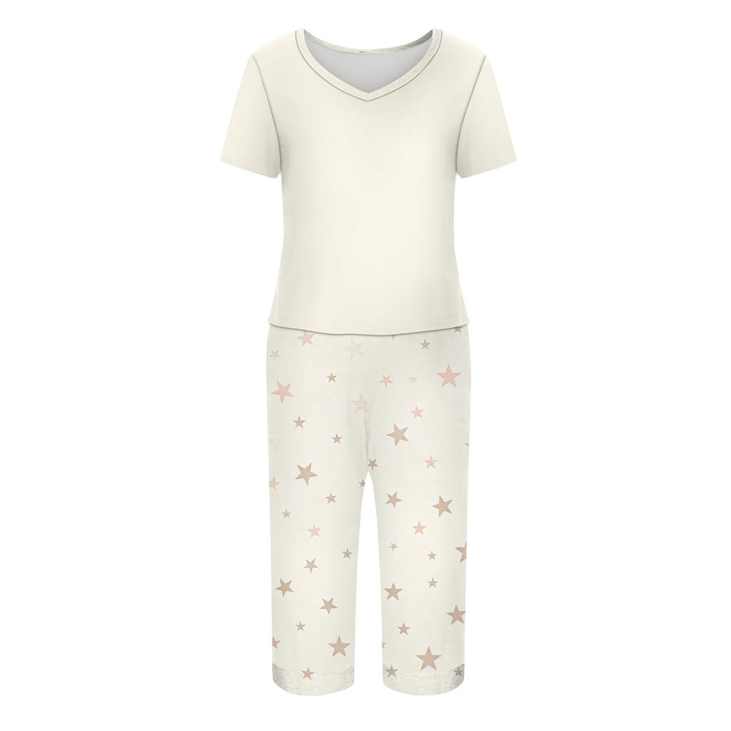 Women's Printed Short Sleeve Pajama Set - Casual Two Piece Sleepwear with Pants