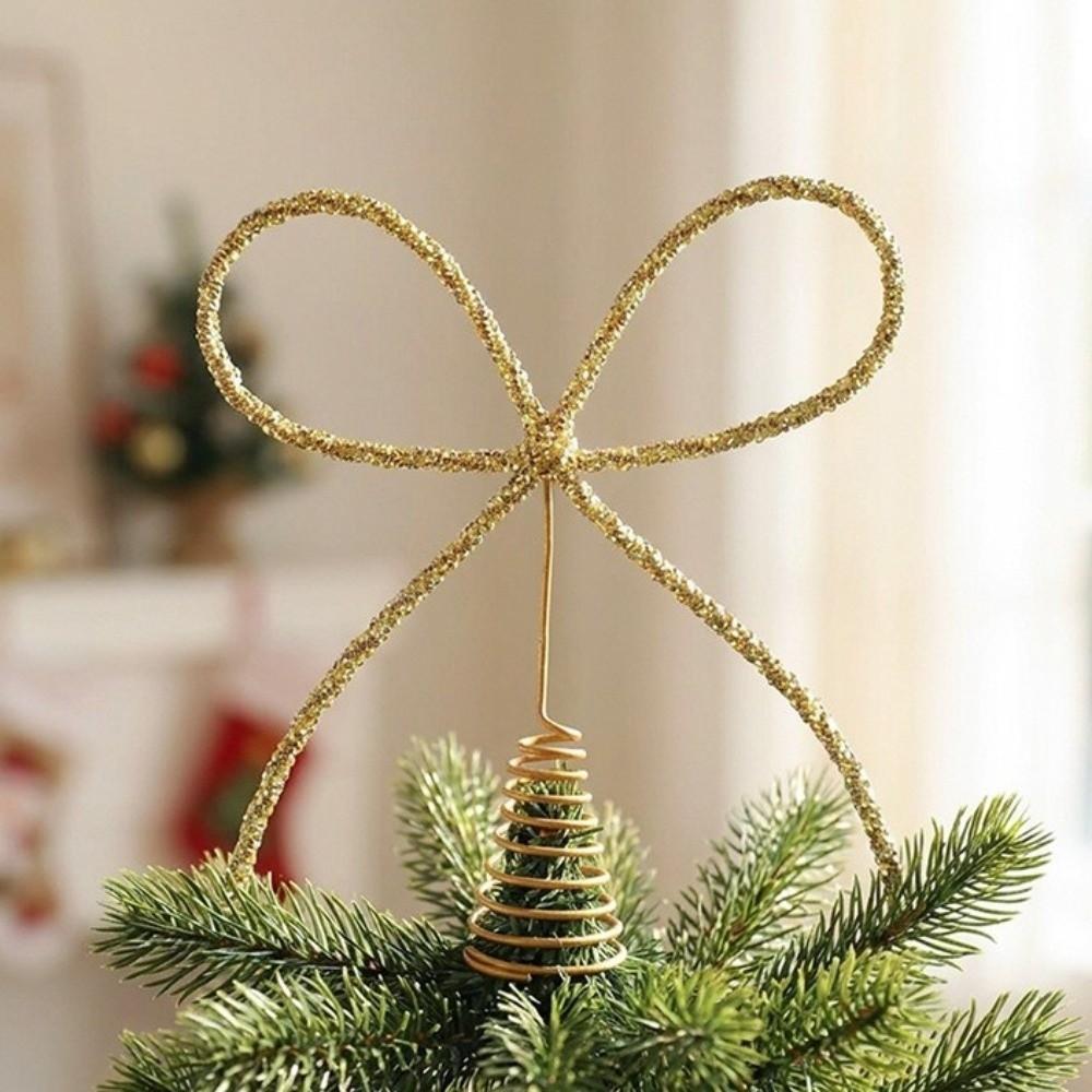 Bow Shaped Christmas Tree Topper Glitter Finish Tree Top Decoration Home Party Decor