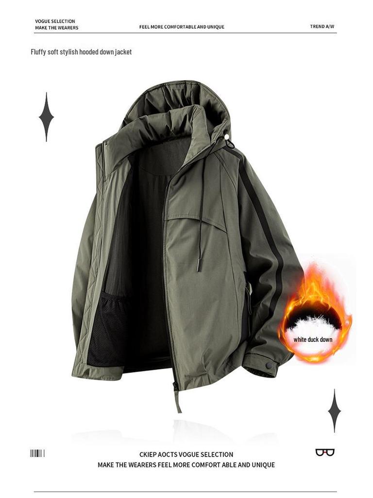 Men's Hooded Down Jacket with Stripes - Winter Casual Outerwear for Cold Protection and Mountaineering