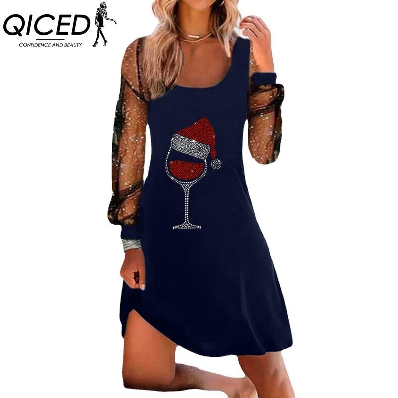 QICED Women's Fashion Spring Autumn Solid Color Print Long Sleeve U-Neck High Waist Casual Dresses