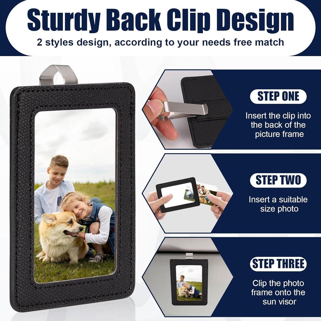 2 Pack Car Picture Frame Visor Clip Leather Sun Visor Photo Clip Holder Personalized Car Picture Holder Display Visor Photo Frame Vertical Horizontal