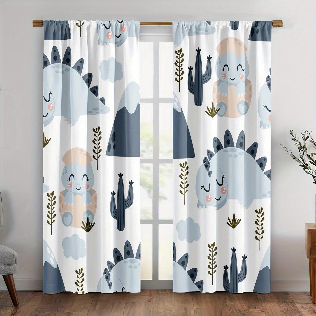 

2Pc Cartoon Dinosaur Print Curtains - Polyester Fabric For Bedroom, Living Room, And Kitchen - Machine Washable 53x116cm &2pc