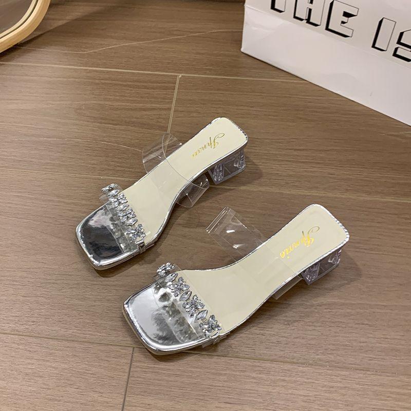 thick heels, high heels, women's cool slippers, transparent crystal 2025 summer new models, not tired to wear, small people are popular