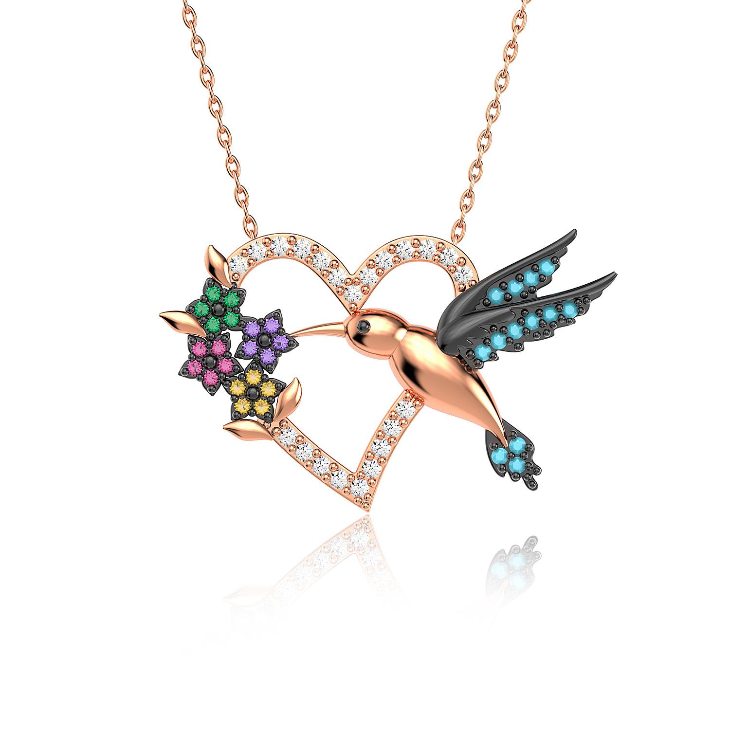 

Ожерелье из розового серебра с разноцветным сердцем, пчелой и птицей