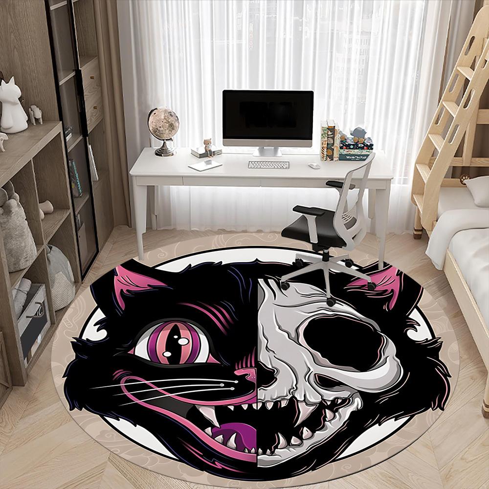 1pc Cat Skull Office Round Area Rug, Under Office Chairs Bedroom Living Room Home Decor, Room Deco, Available in Various Sizes