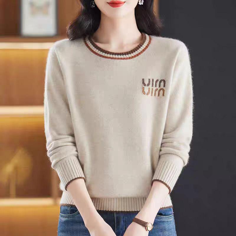 Round-neck Sweater Women's Long-sleeved Knitted Sweater Solid-color Top Loose and Warm Knitted Sweater with Pullover Underneath