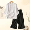 Southeast Asia Retro Embroidered Cotton-Linen Two-Piece Set: Seven-Sleeve Shirt & Wide-Leg Pants