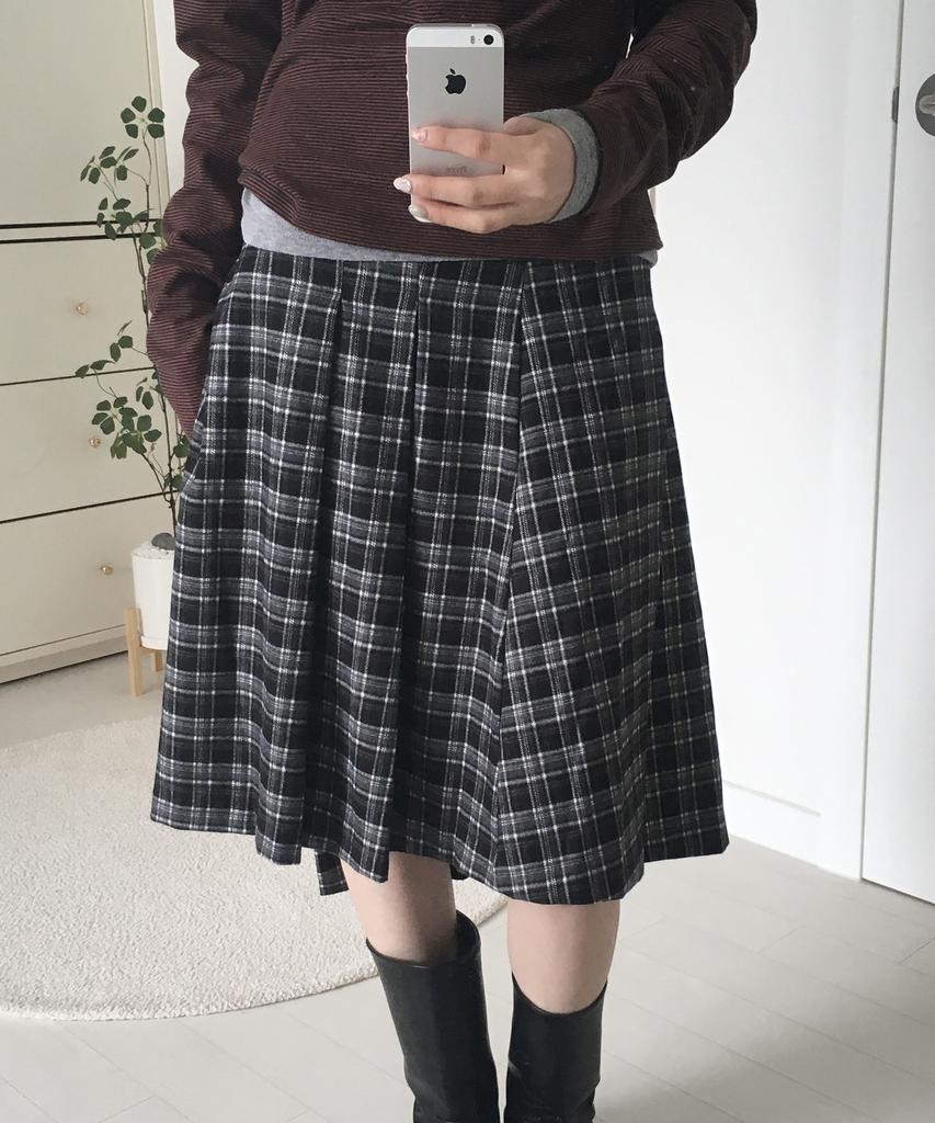Place Studio Double Button Check Midi Layered Wrap Pleated Skirt [Check]