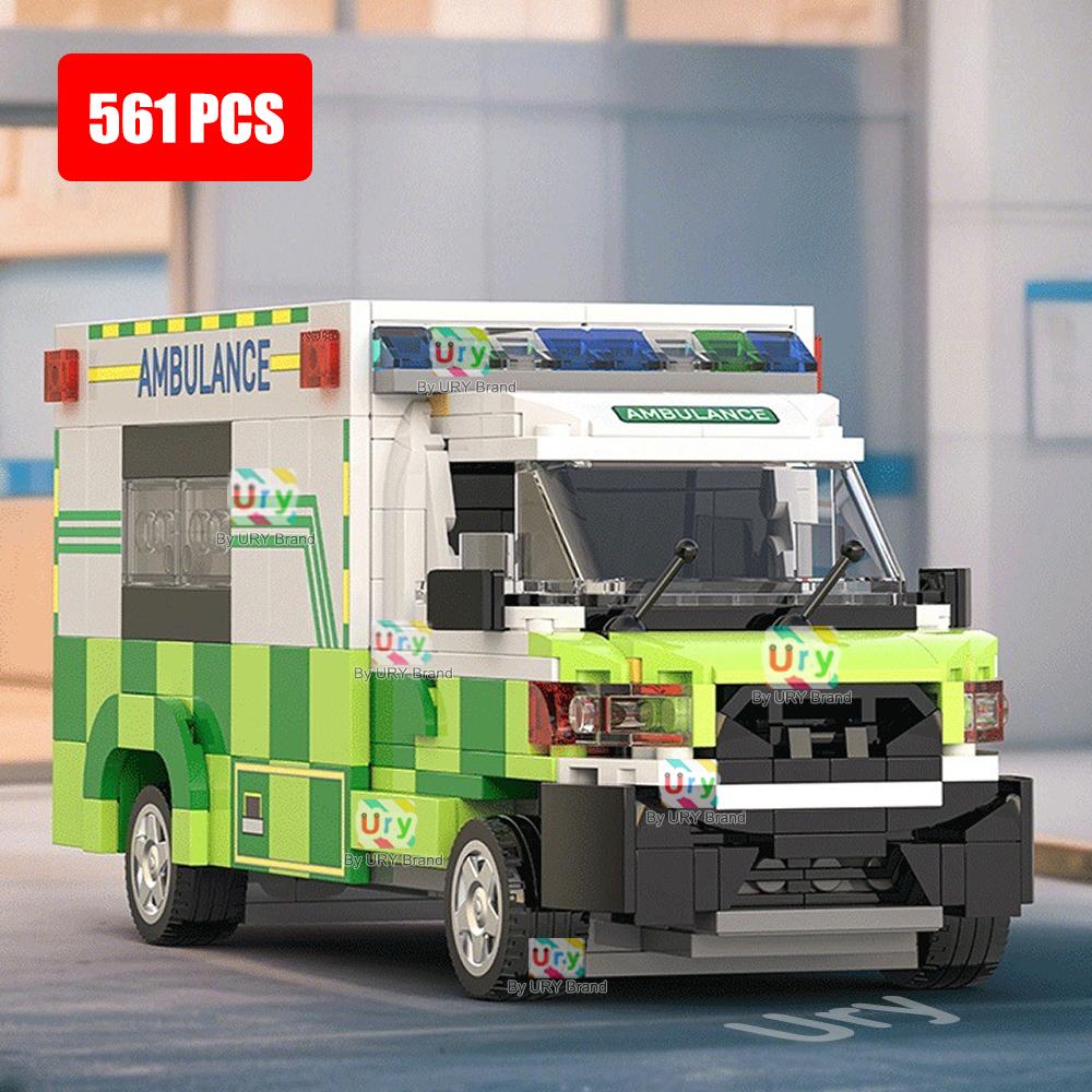 City Series Traffic Green Ambulance Escort Car Van Vehicle Technical Set Model MOC Building Blocks DIY Toys for Gifts