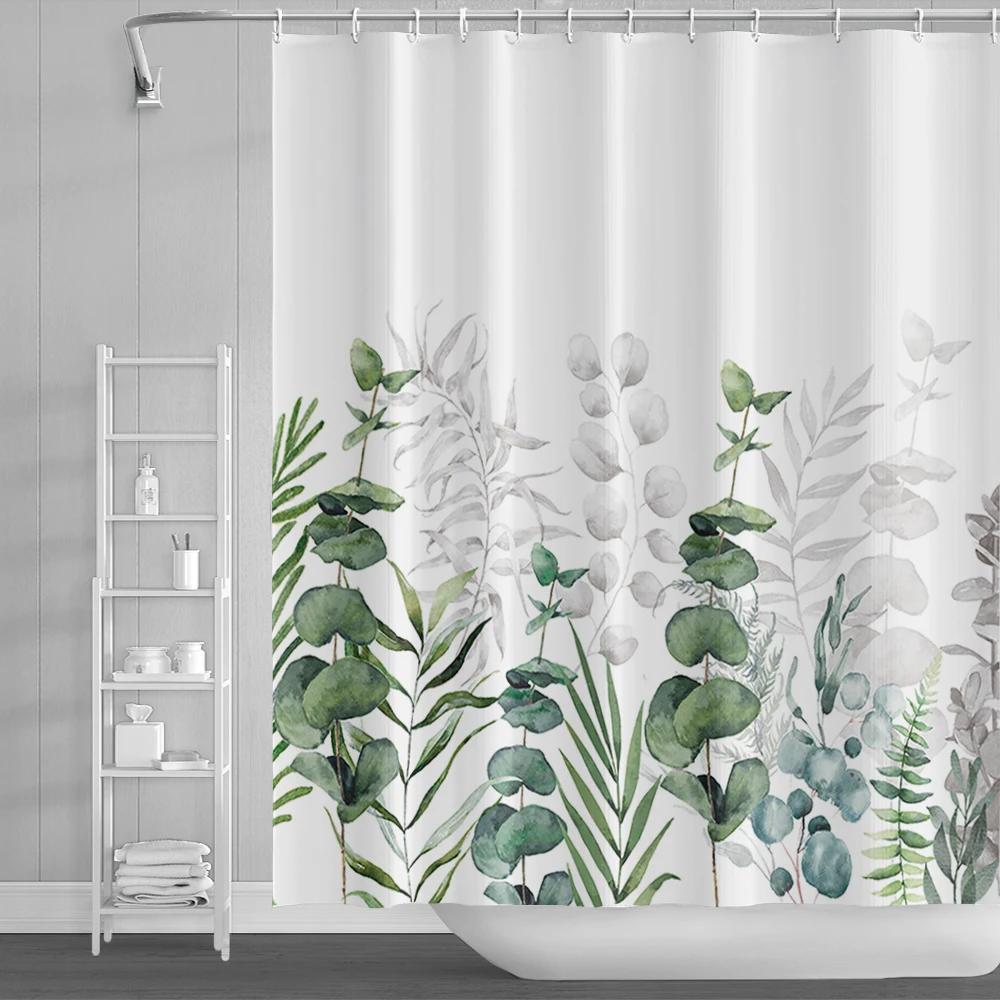 Tenda da doccia ad acquerello con foglie verdi per bagno, pianta di viti, minimalista nordica, in poliestere botanico per casa, hotel 180x240