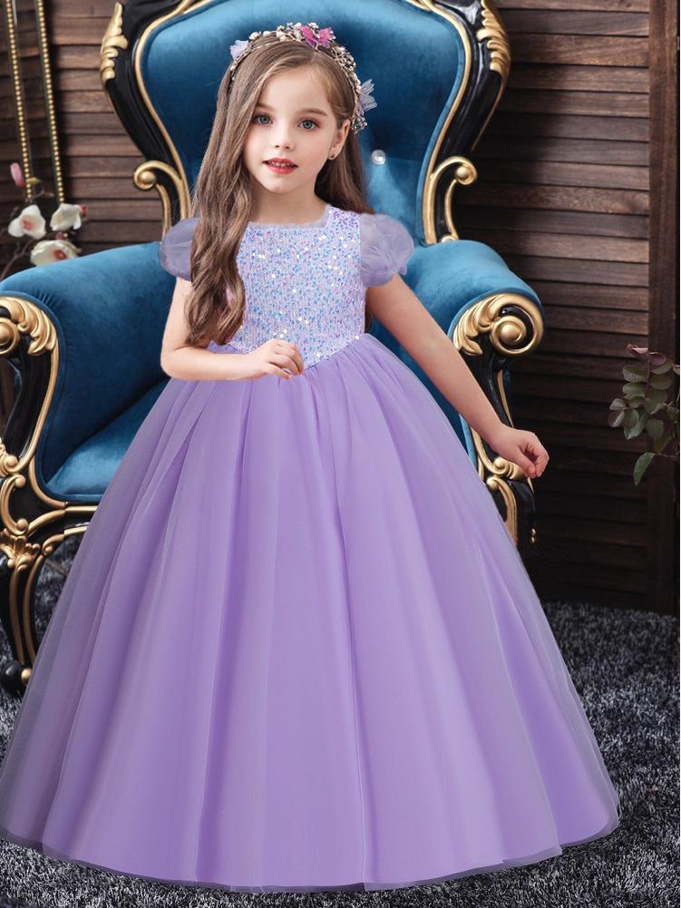 Dziecięca Sukienka Formalna z Cekinami i Bufiastymi Rękawami z Tęczową Tiulową Spódnicą - Idealna na Urodziny lub Występy