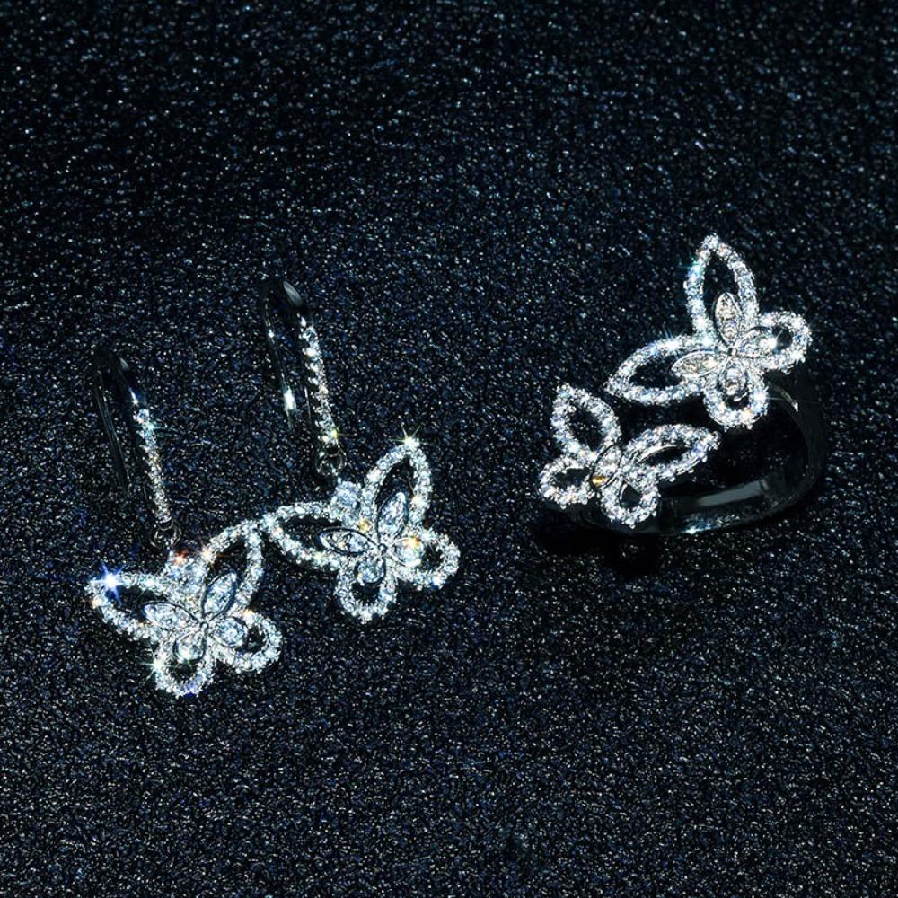 Elegant Women Jewelry Set with Full Diamond Butterfly Earrings and Vintage Bow Ring Luxury Zirconia Micro Inlaid