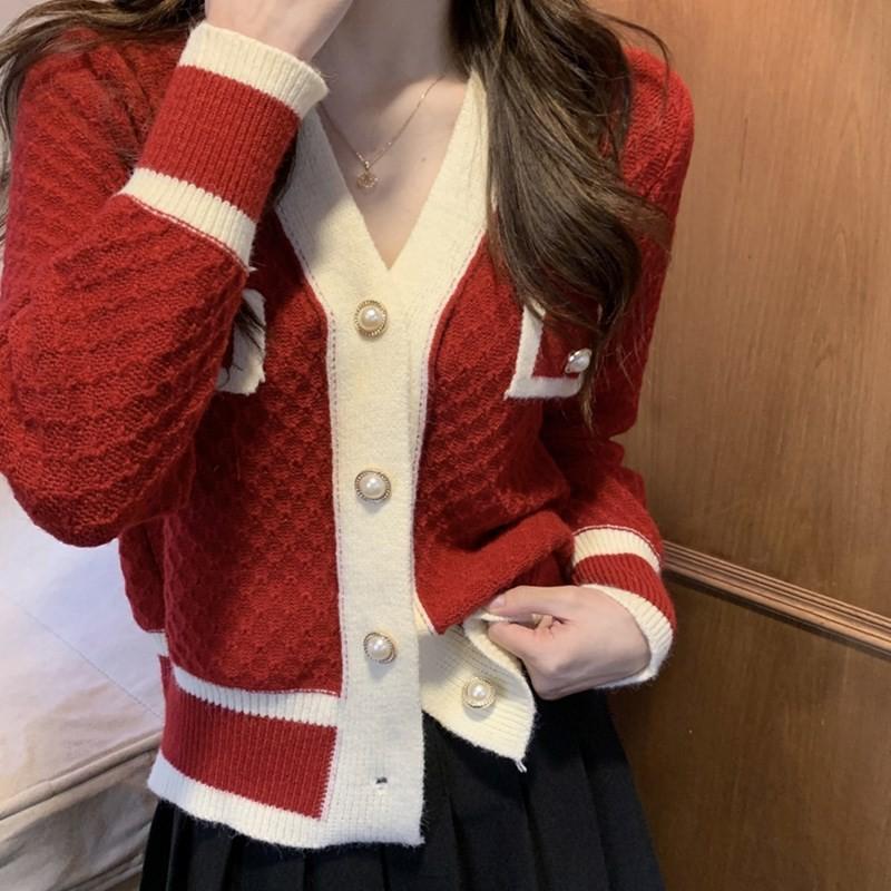 Single Breasted Knitted Sweater for Women Color Blocked Long Sleeved Sweater Women's College Style