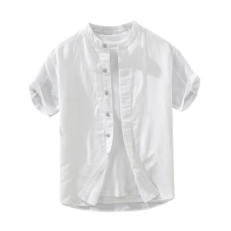 Japanese-Style Casual Stand-Collar Cotton-Linen Short-Sleeve Shirt for Men, Summer Thin Linen Shirt, Large Size