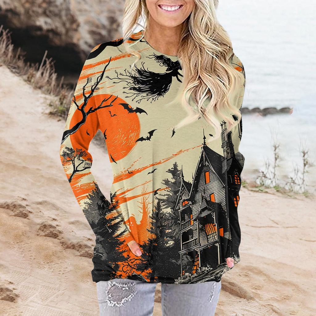 Damenmode Lässig Rundhals Print Langarm Tasche T-Shirt Top