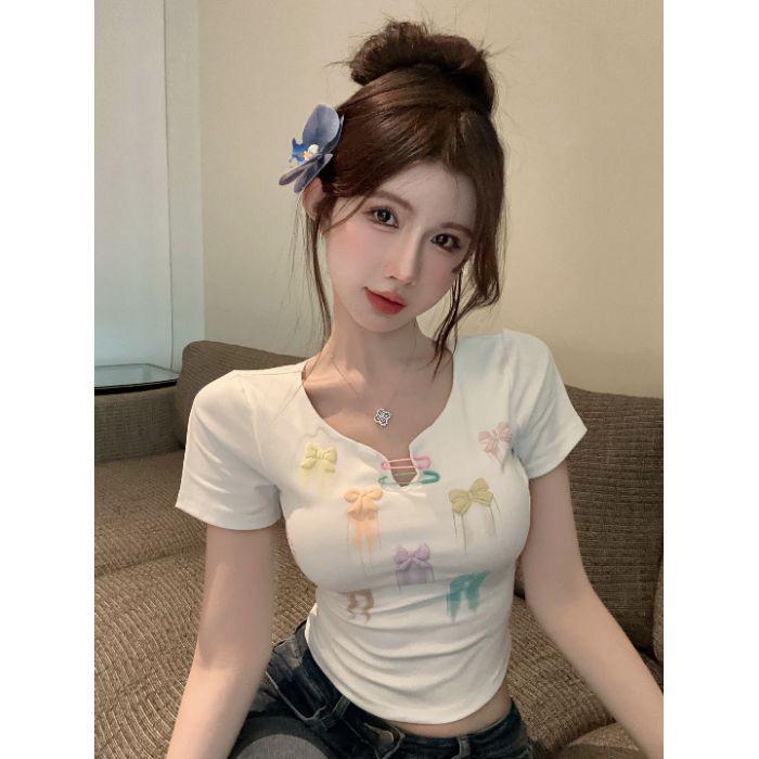 

Укороченный топ с коротким рукавом Dopamine Bow для женщин - Летний стиль Large белый