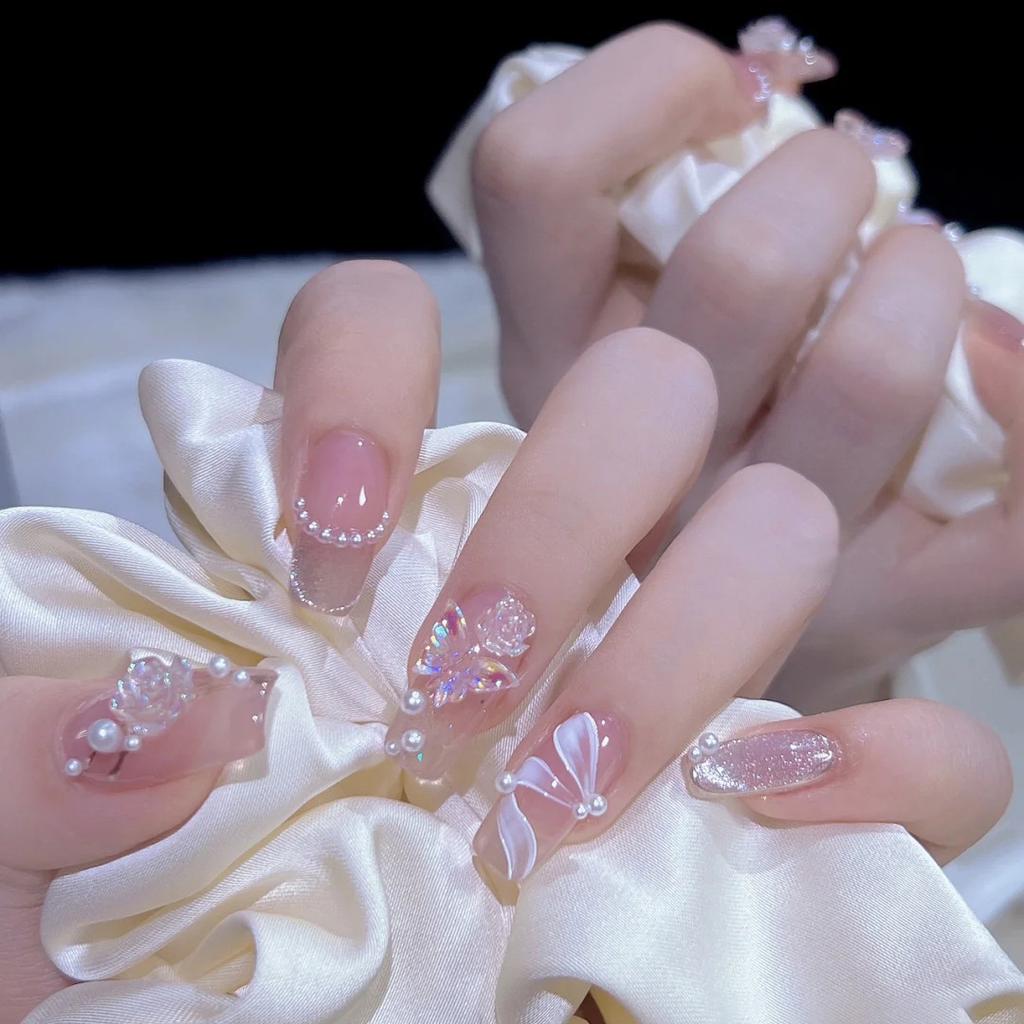 24Pcs Pink Ballet Press On Nails Long Full Cover Fake Nail Tips With Rhinestone Chain Design Reusable Wearable Manicure