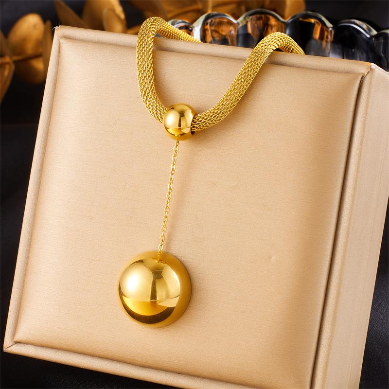 Gold Plated Smooth Ball Jewelry Set Necklace Earrings Ring for Women Stainless Steel Mesh Chain