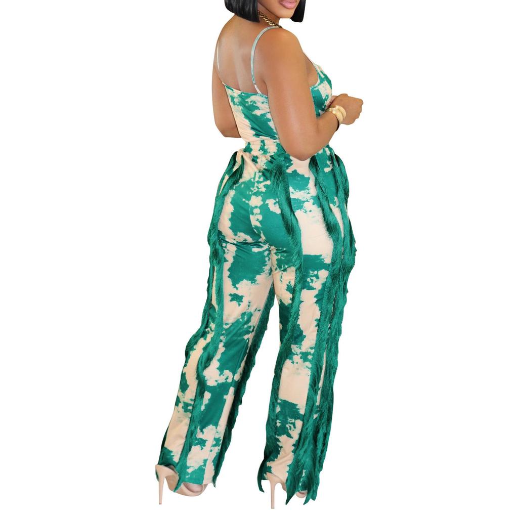 European & American Women's Tassel Lace Print Camisole Jumpsuit Two-Piece Summer Set