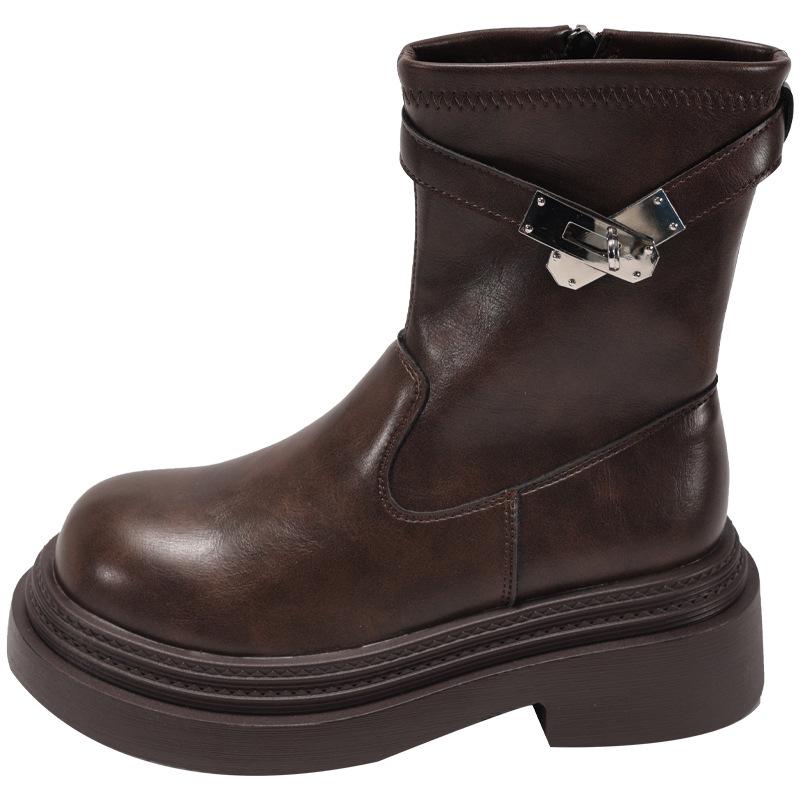 Thick heel platform knight boots women's Korean version but knee boots 2025 autumn and winter new round head high heel Martin boots