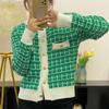 Retro contrasting color round neck plaid small fragrant knitted sweater cardigan autumn and winter fashion gentle wind sweater women's coat top