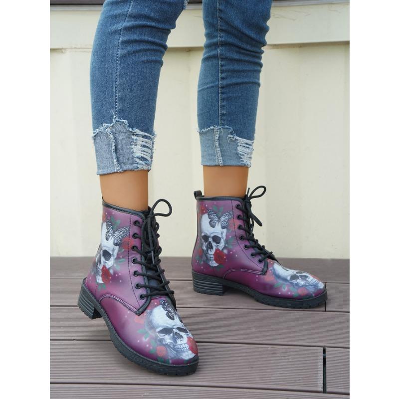 2024 Nouvelles Bottines pour Femmes Chaussures à Talons Bas Bottes Moto Tête de Mort Rétro en Cuir PU Automne et Hiver Chaudes Hautes Neige