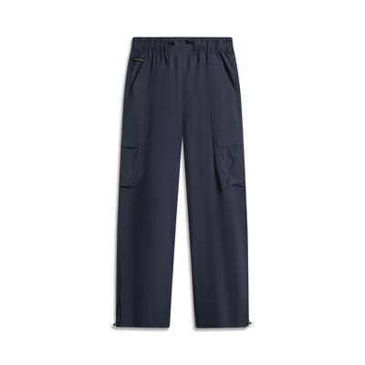 Li Ning Sports Lifestyle Series Solid Color Mid Waist Breathable Versatile Loose Straight Casual Pants Women Pants Deep-Blue AYKV540-3