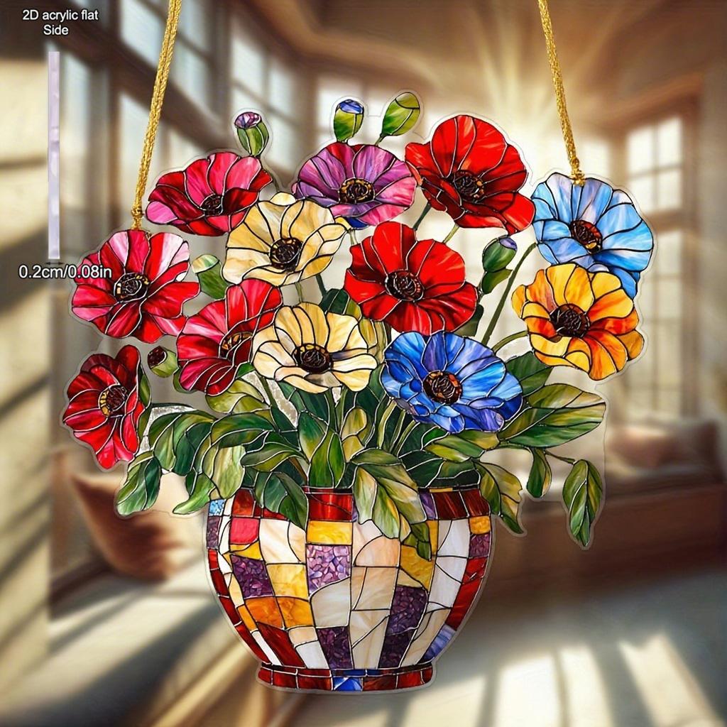 Acrylic Flower Pot with Solar Catcher Colored Light Collector Window Hanging Home Bedroom Decor Unique Holiday Gift, Four Seasons Decoration