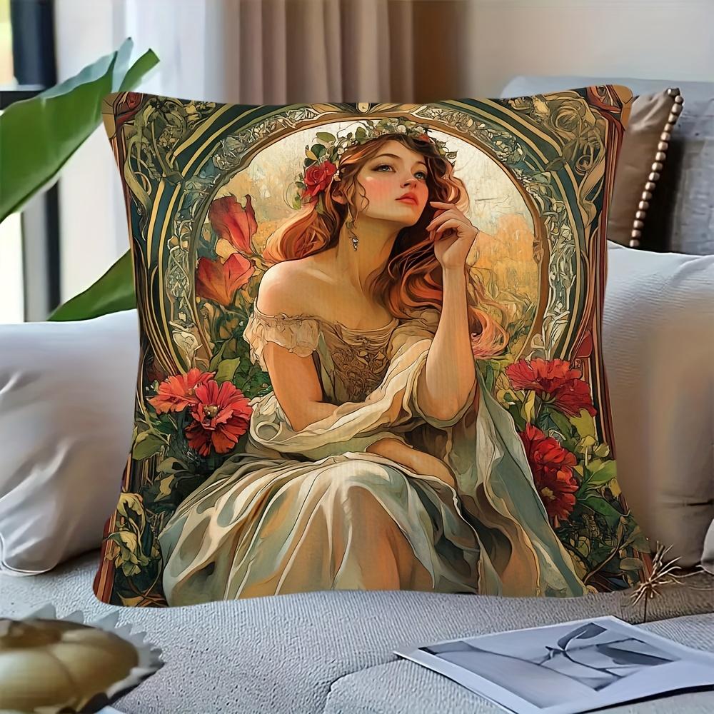 2D Flat 1pc Retro Mucha Style Oil Painting Girl Light Luxury Pillowcase, Suitable for Holiday Party