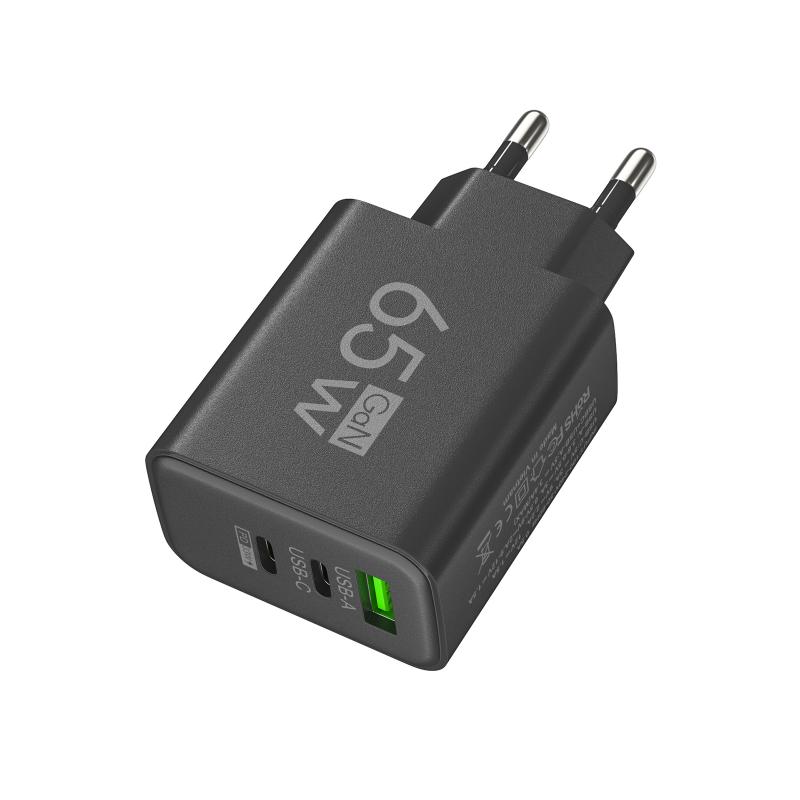 65W GaN Reise-Ladegerät EU-Stecker Dual USB C + USB A Port Schnelllade-Wandadapter Kompaktes Ladegerät für Telefon Laptop Tablet