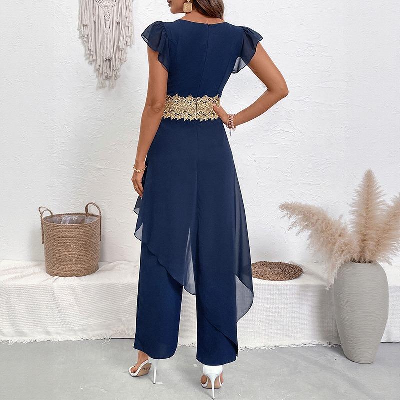 YYFS Women's Fashion Casual Summer Spring Solid Color Print Short Sleeve V-Neck High Waist Trousers Jumpsuits & Rompers